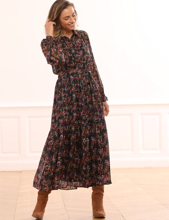 Robe-chemisier longue en voile jacquard imprimé floral (noir / violine) Robe-chemisier longue en voile jacquard imprimé floral (noir / violine)